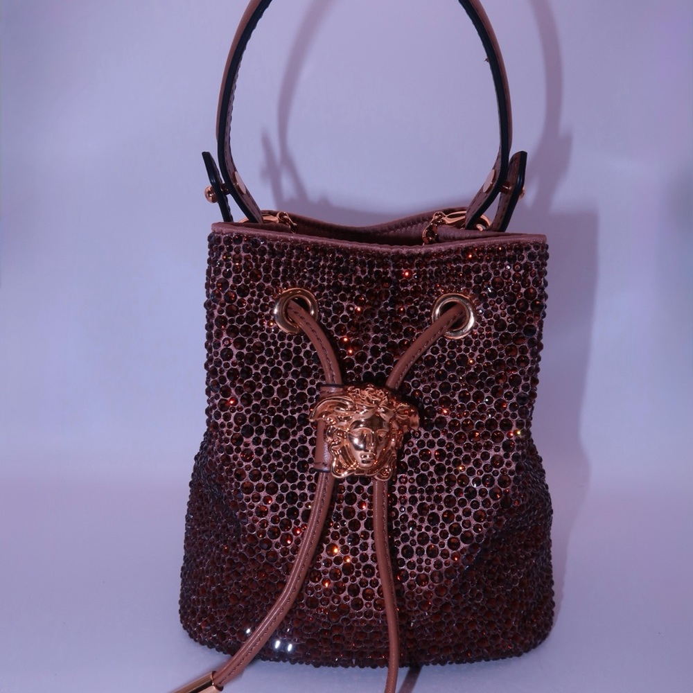 Versace La Medusa Brown Rhinestone Embellished Satin Bag With Gold Hardware